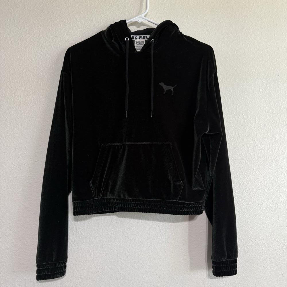 Pink Victoria's Secret Dark Green Velour Pullover Cropped Hoodie Womens X‎ Small